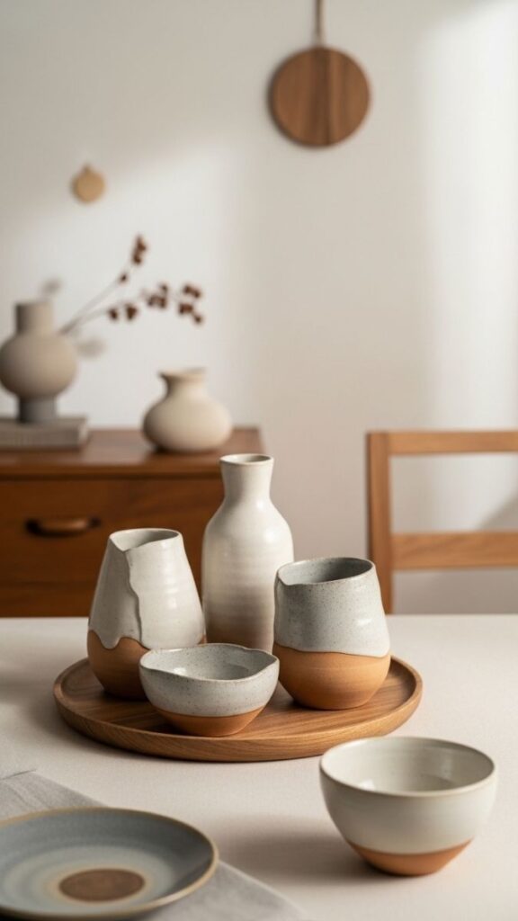 Wabi Sabi Ceramics Grouped on a Wooden Tray