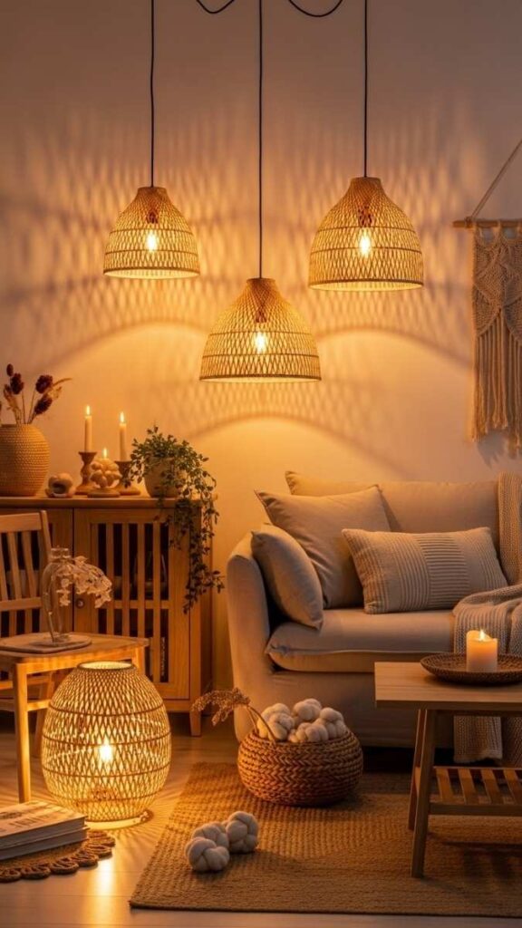 Warm Ambient Lighting With Rattan or Woven Shades