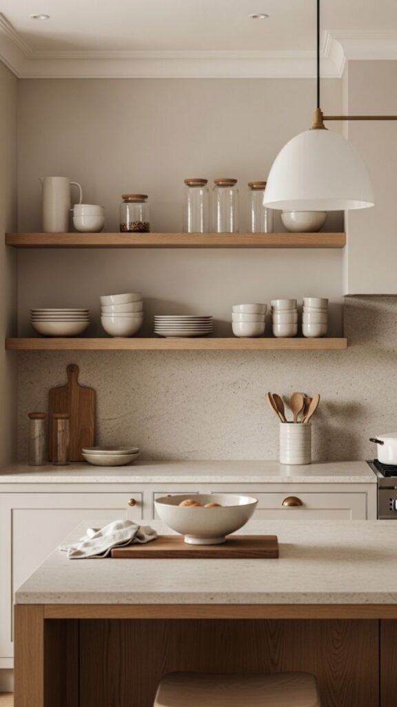 Warm Neutral Kitchen With Open Wood Shelving