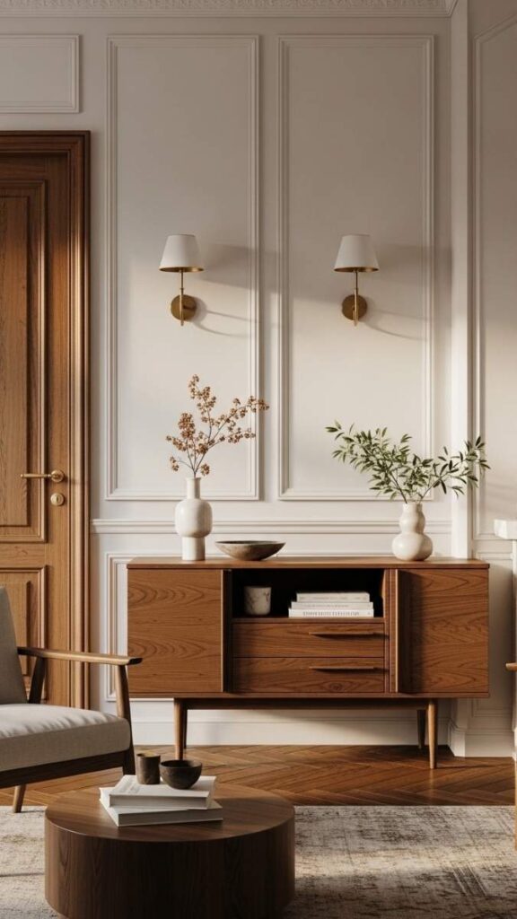 Warm White Walls With Aged Brass and Warm Wood Tones