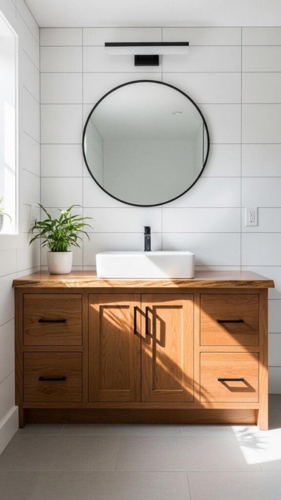 Warm Wood Vanity with Matte Black Hardware in a White Tiled Bathroom