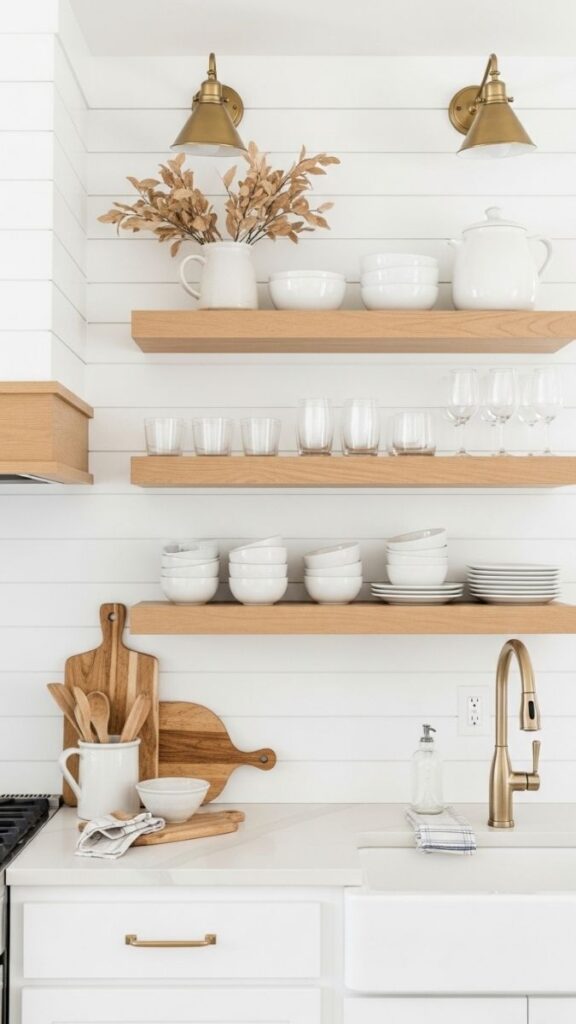 White Shiplap Backsplash With Open Wood Shelving