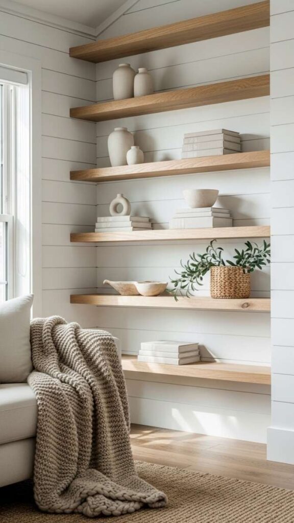 Whitewashed Shiplap Walls With Open Wood Shelving