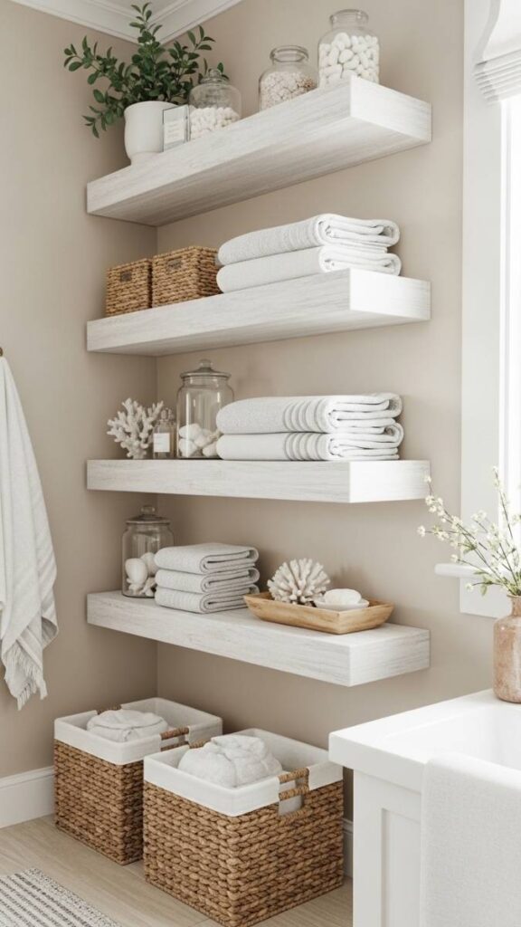Whitewashed Wood Floating Shelves for Layered Storage