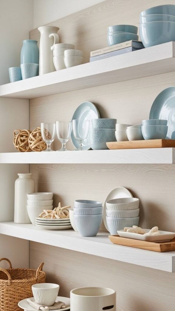 Whitewashed Wood Floating Shelves With Coastal Ceramics