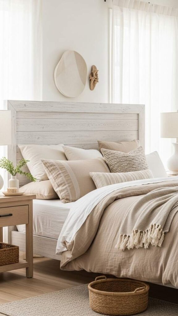 Whitewashed Wood Headboard With Linen Bedding