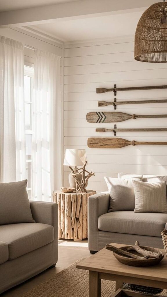 Whitewashed Wood Plank Walls with Hanging Vintage Oars