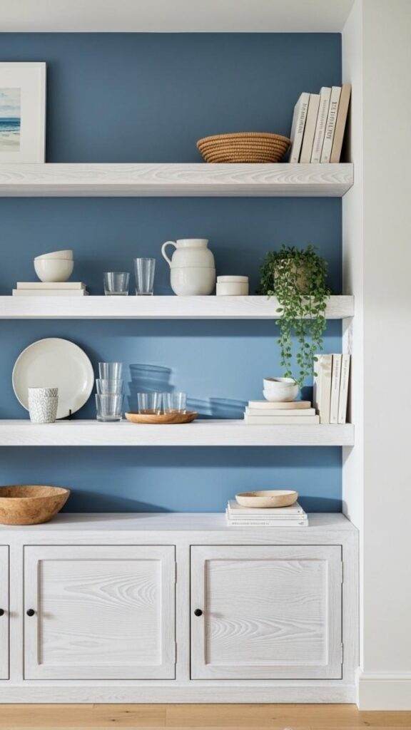 Whitewashed Wood Shelving Against a Blue Toned Accent Wall