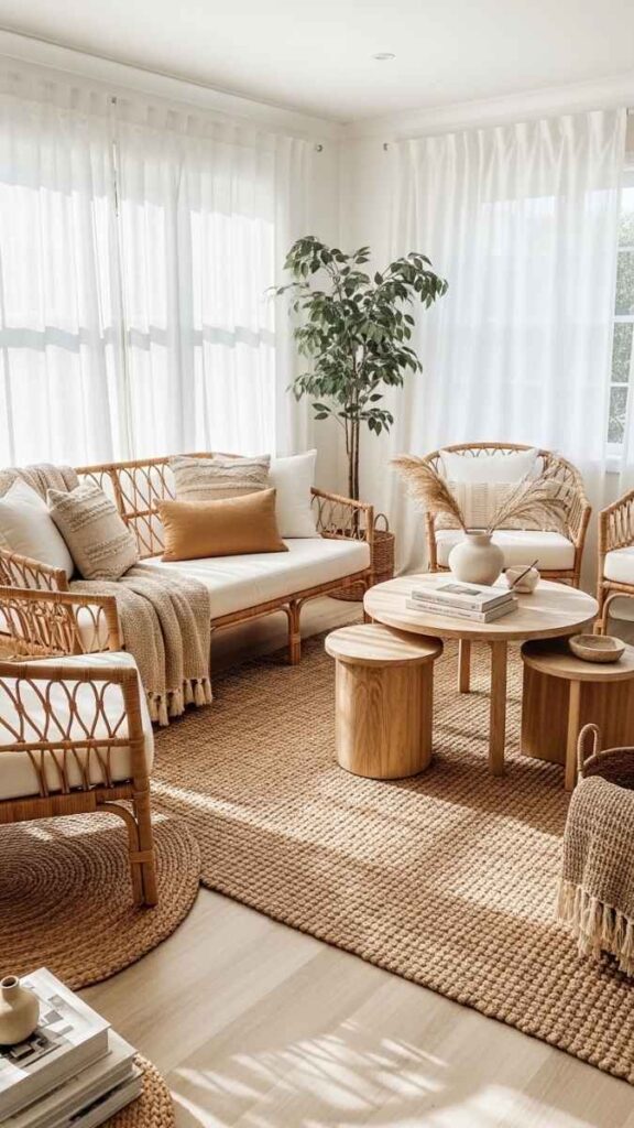 Wicker and Rattan Seating Mixed with Wood and Linen