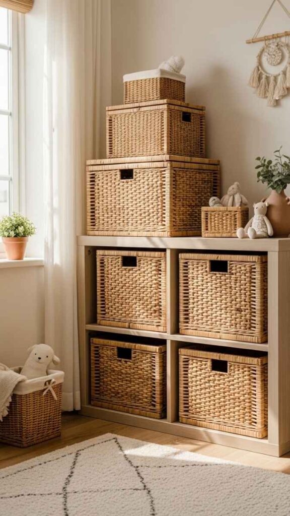 Wicker Storage Baskets in a Stacked Open Shelf Unit