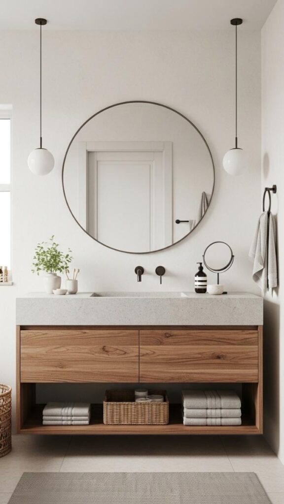 Wood Toned Vanity With a Stone or Concrete Countertop