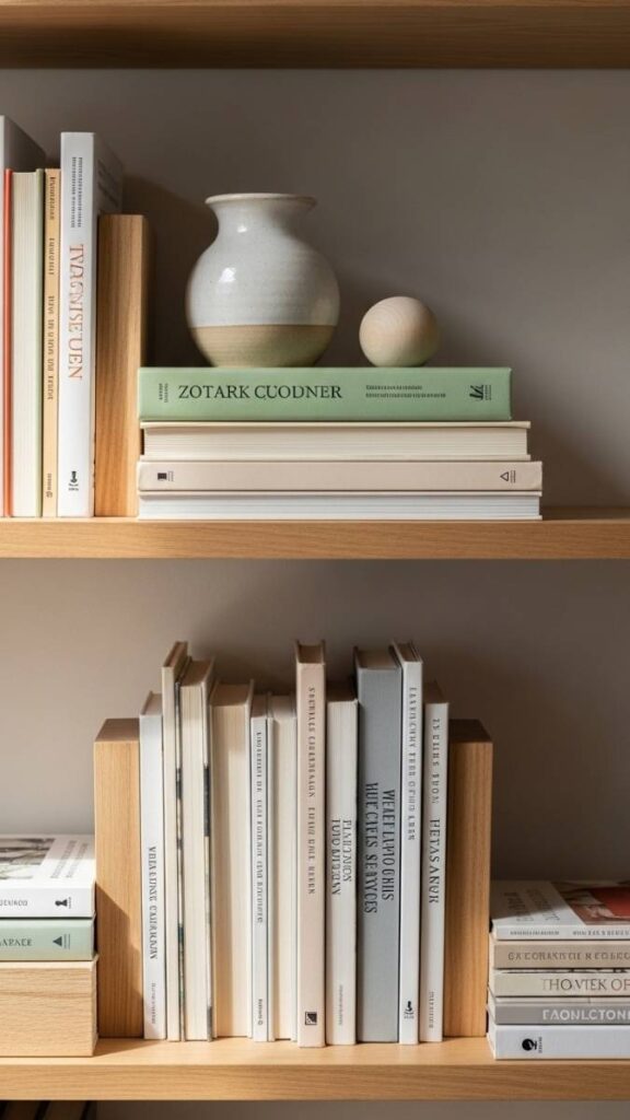 Wooden Bookends and Stacked Decor to Style a Shelf Without Overcrowding