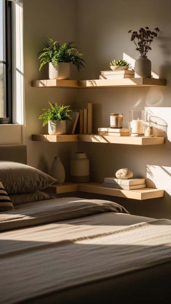 Wooden Floating Shelves for Bedside Storage