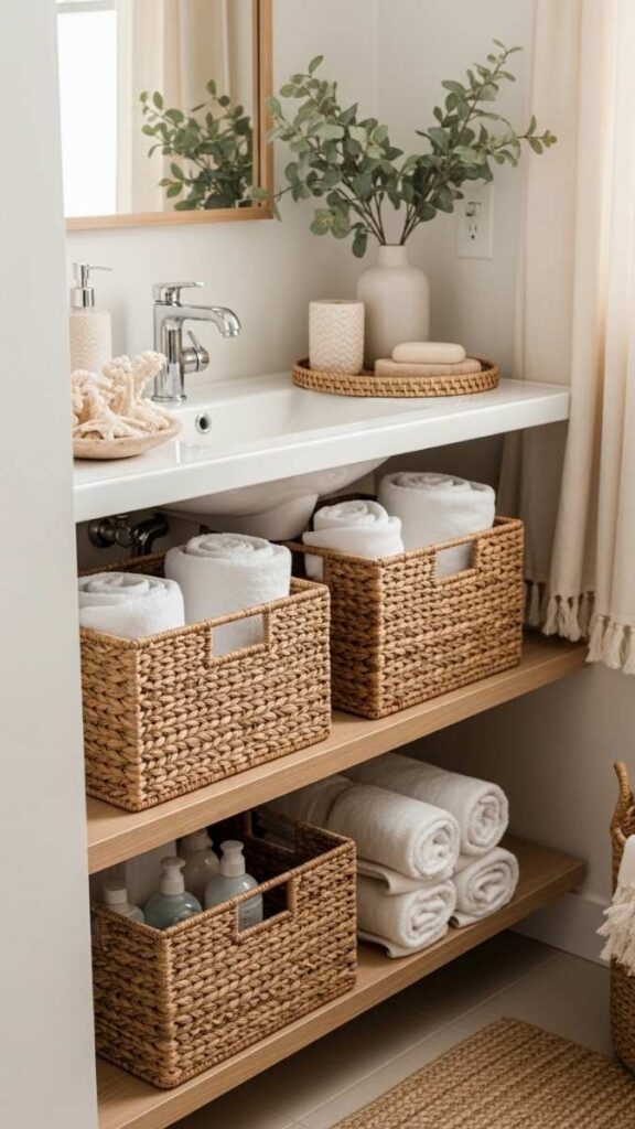 Woven Seagrass or Rattan Baskets for Open Storage