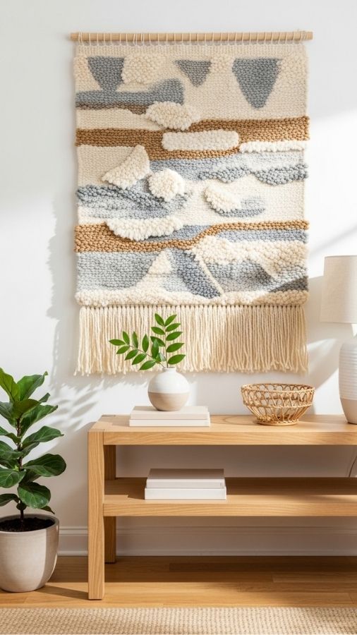 Woven Wall Hanging Above a Console Table