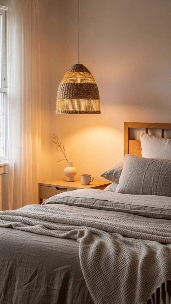 Woven Pendant Light Over a Bedside Table