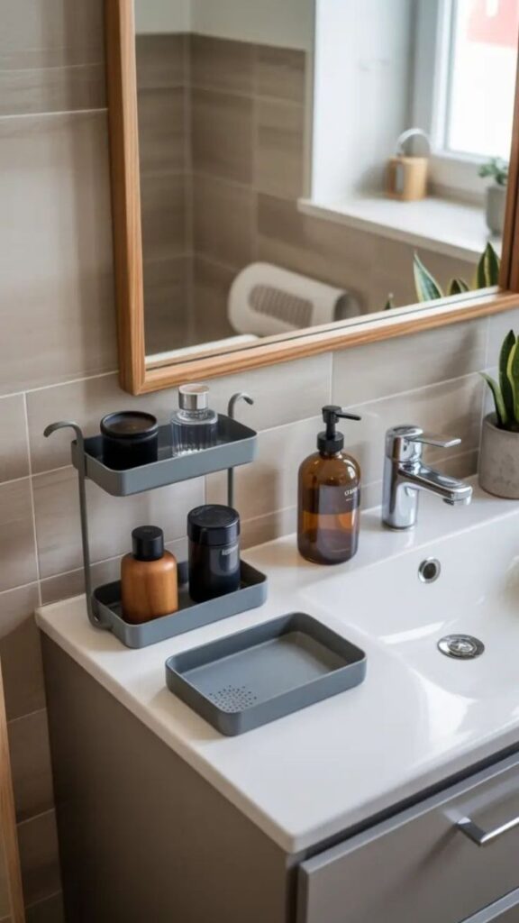 A Bathroom Counter Reset With Matching Containers