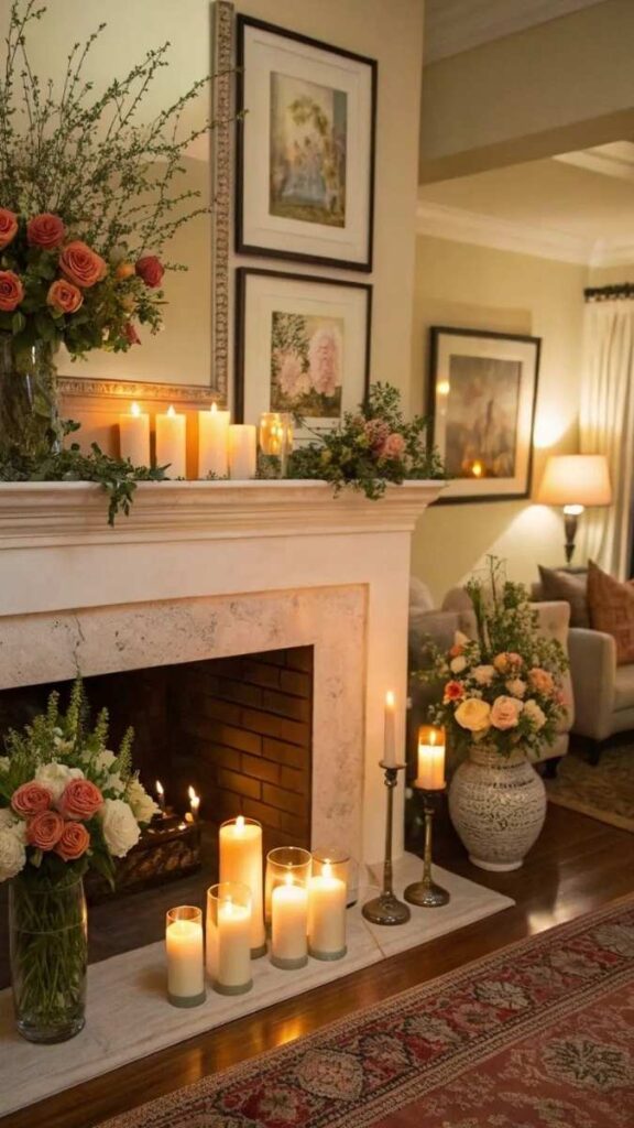 A Candle Grouping on a Fireplace Hearth or Shelf