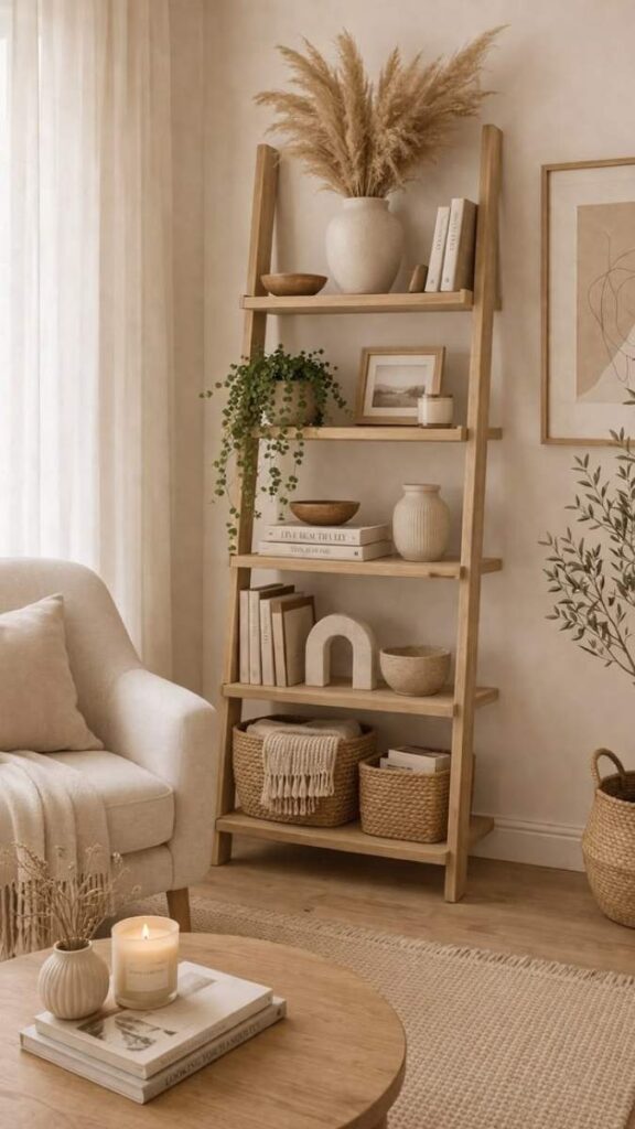 29+ Entryway Decor Ideas That Make Your Home Feel Intentional the Moment You Walk In 8 A Leaning Ladder Shelf as an Entryway Display