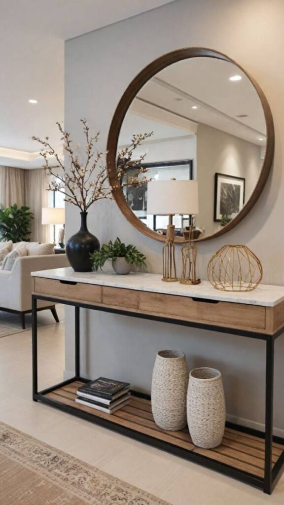 29+ Entryway Decor Ideas That Make Your Home Feel Intentional the Moment You Walk In 2 A Narrow Console Table With a Mirror Above It