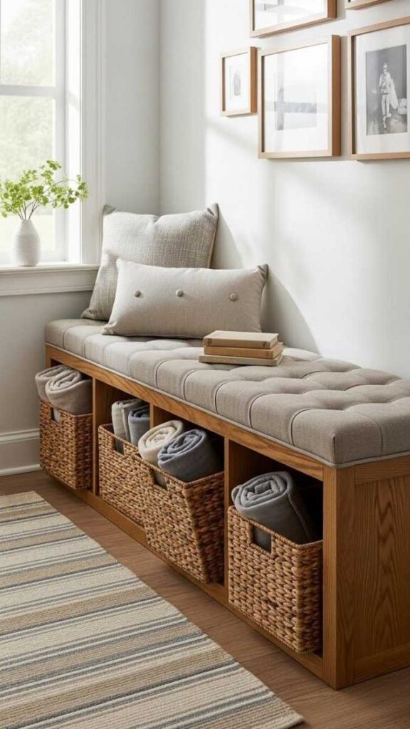 29+ Entryway Decor Ideas That Make Your Home Feel Intentional the Moment You Walk In 3 A Rattan or Woven Bench With Hidden Storage