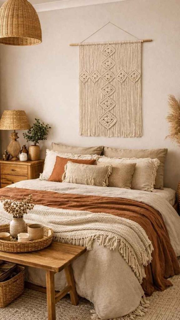 A Simple Macramé or Woven Piece Above the Bed