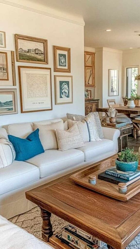 A Single Large Scale Art Piece Centered Behind the Sofa