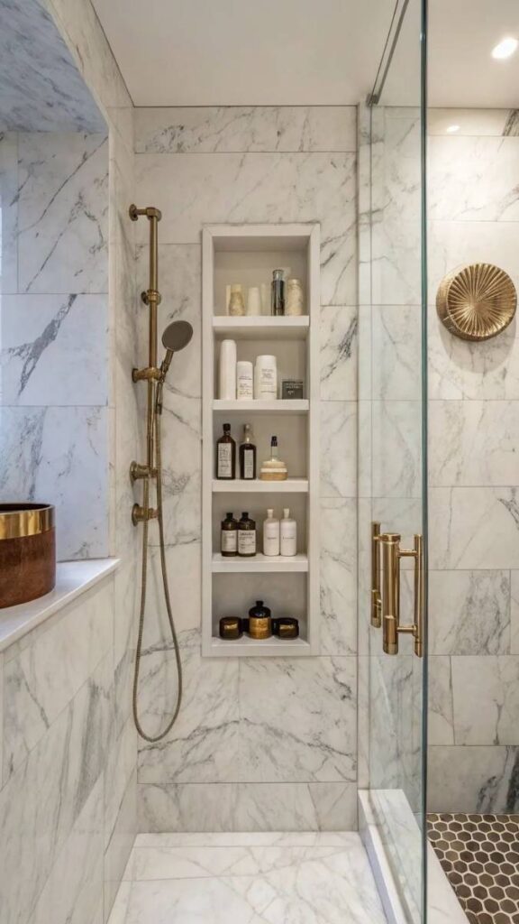 25+ Bathroom Decor Ideas That Actually Make Small Spaces 12 A Built-In Niche or Faux Niche for Shower Organization