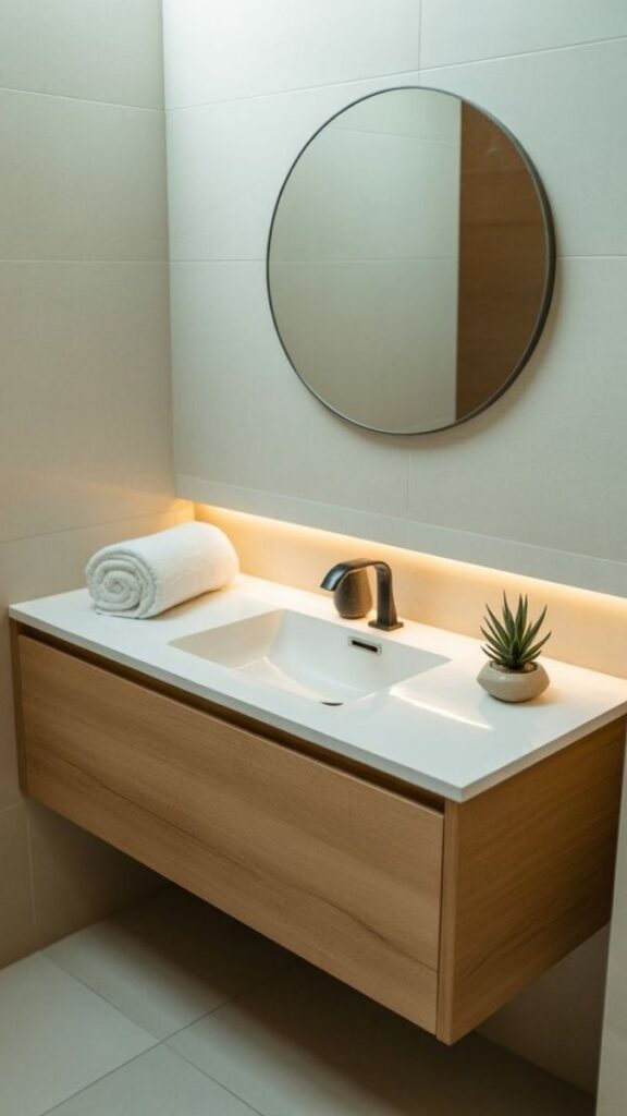 A Floating Vanity with Open Shelving Below