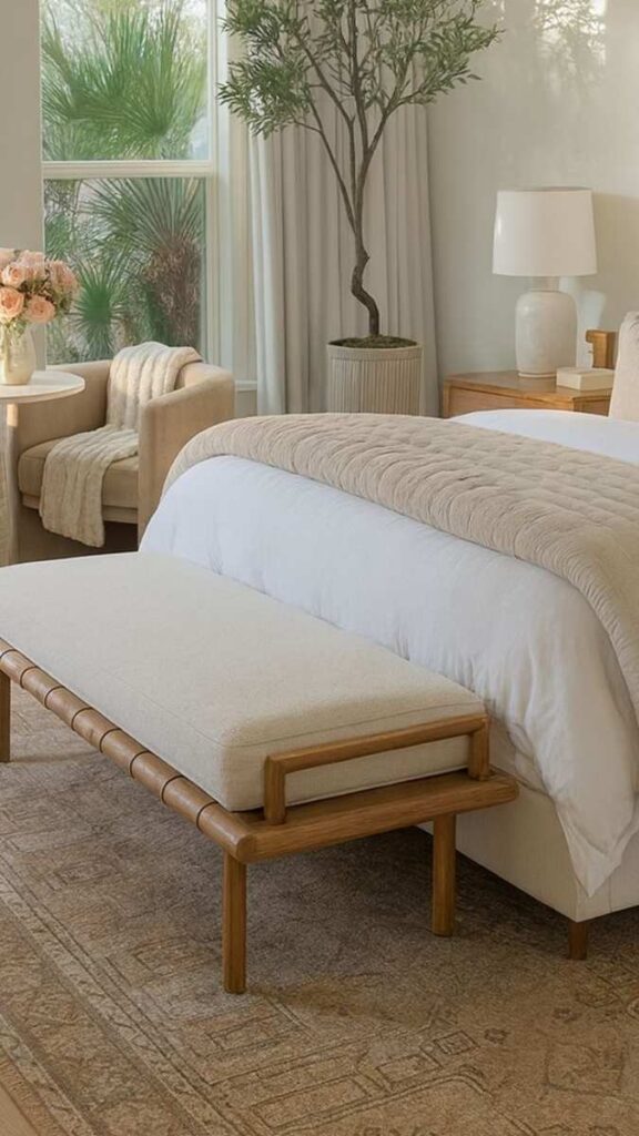 A Low Bench at the End of the Bed in Natural Wood