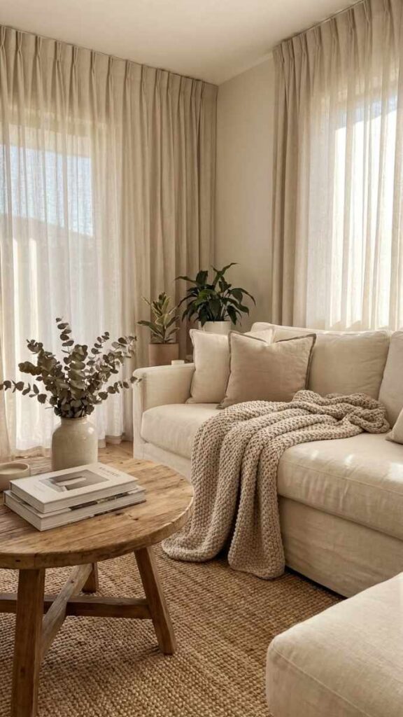 A Low Profile Sofa in Warm Linen Facing Natural Light