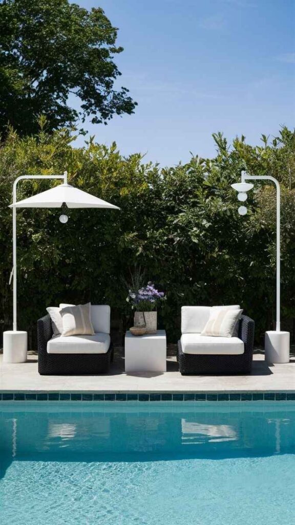 27+ Affordable Pool Furniture Ideas That Actually Look Good 2 A Pair of Sling Lounge Chairs Positioned at Angles Toward the Pool