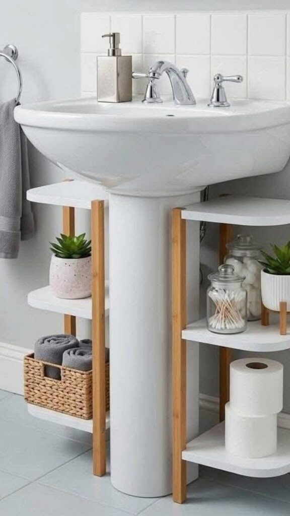 25+ Bathroom Decor Ideas That Actually Make Small Spaces 6 A Pedestal Sink Skirt to Add Storage Without Renovation