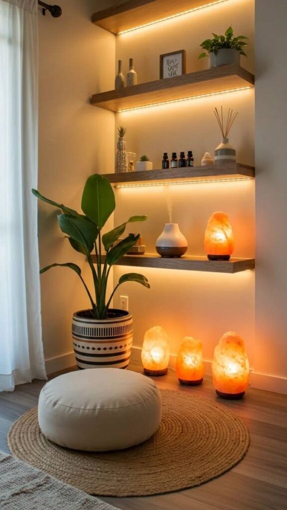 49+ Christmas Bedroom Decor Ideas That Make Your Room Feel Like a Winter Fairytale 13 A Soft Glow Salt Lamp Paired With Holiday Greenery