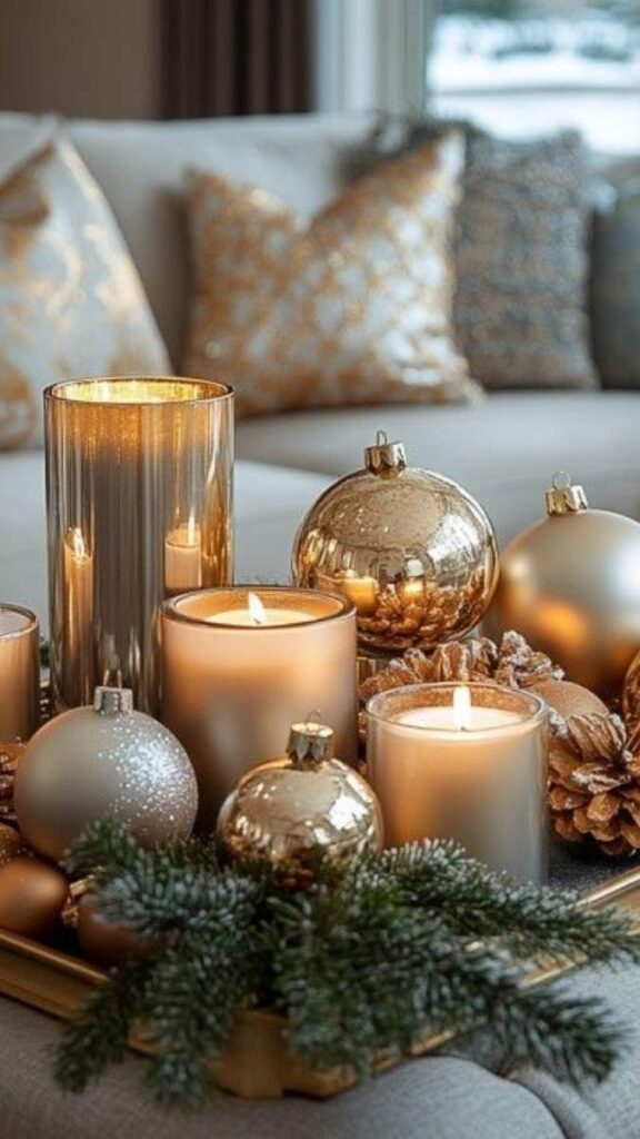 49+ Christmas Bedroom Decor Ideas That Make Your Room Feel Like a Winter Fairytale 15 A Tray of Metallic Ornaments Used as a Centerpiece
