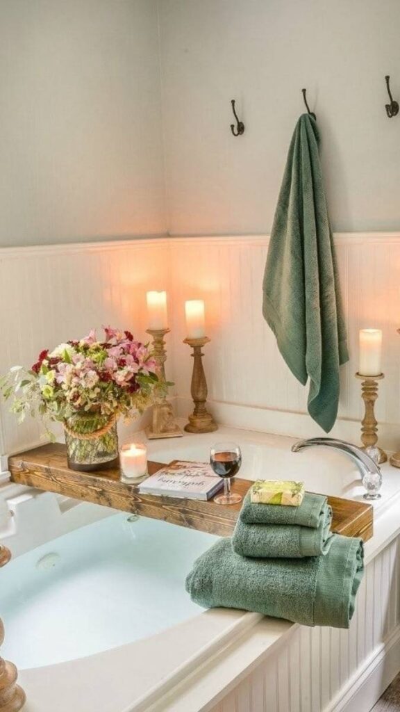 25+ Bathroom Decor Ideas That Actually Make Small Spaces 5 A Wooden Bath Tray Across the Tub for Function and Visual Grounding