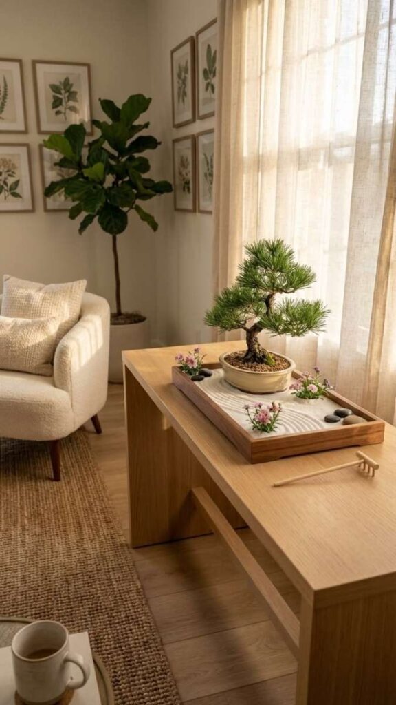 A Zen-Inspired Corner With Pebbles, Moss, or a Small Water Feature
