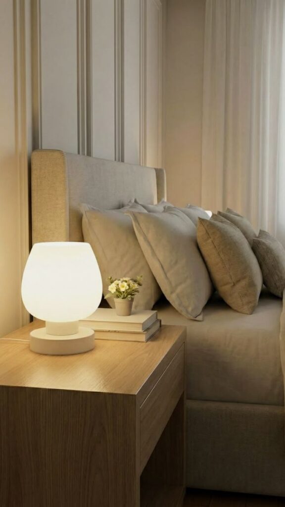 Add a Bedside Tray with a Small Rechargeable Lamp