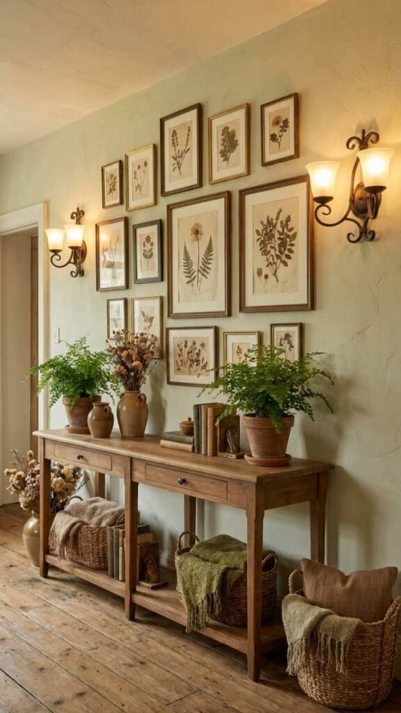 Botanical Prints in a Horizontal Row Above a Console Table