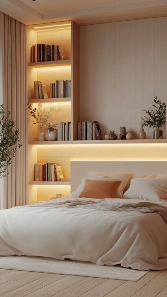 Built In or Integrated Floating Shelves at Bed Level
