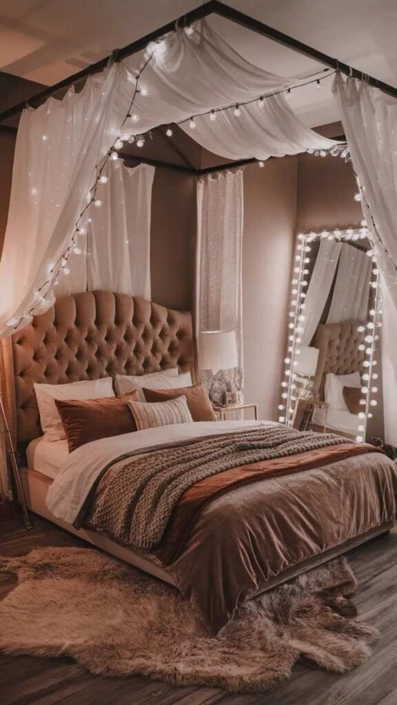 Canopy Bed with String Lights for an Enclosed Bedroom Feel