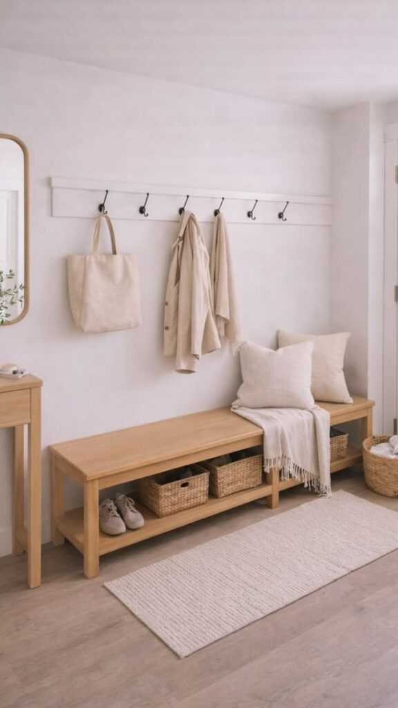 Coastal Entryway With Hooks, a Wooden Bench, and Woven Baskets
