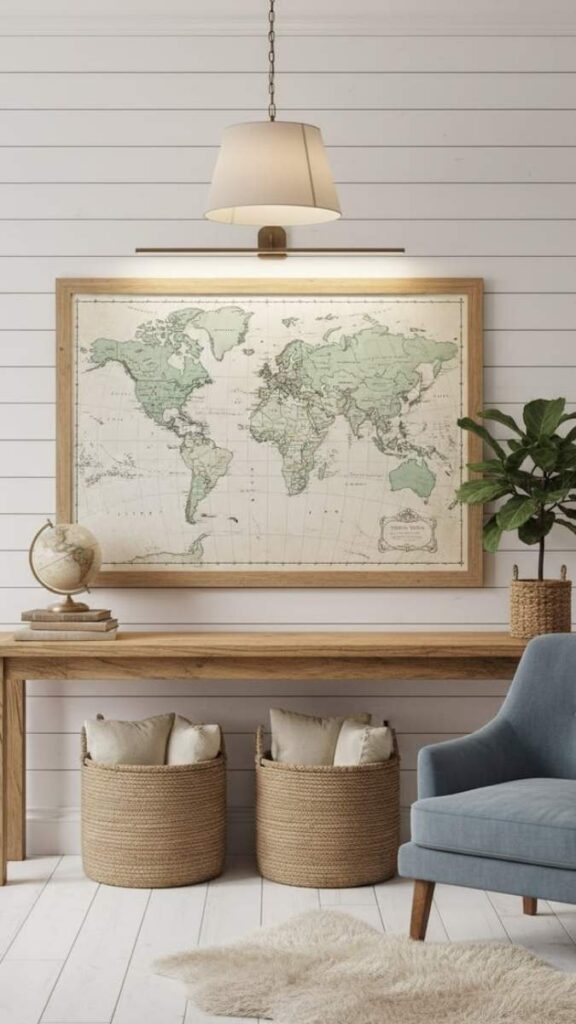 Coastal Gallery Wall With Maps, Botanical Prints, and Natural Frames
