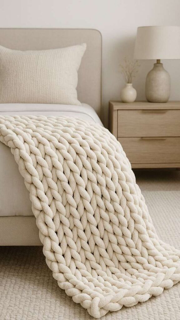 49+ Christmas Bedroom Decor Ideas That Make Your Room Feel Like a Winter Fairytale 6 Chunky Knit Blanket in Cream or Ivory on a Dark Bed Frame