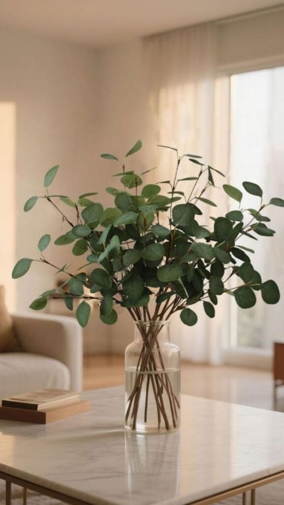 49+ Christmas Bedroom Decor Ideas That Make Your Room Feel Like a Winter Fairytale 5 Deep Green Eucalyptus Stems in a Tall Vase by the Window