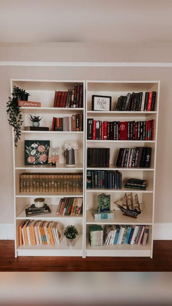 15+ DIY Aesthetic Decor Ideas That Actually Look Good in Real Homes 8 DIY Bookshelf Styling with Color Blocked Spines
