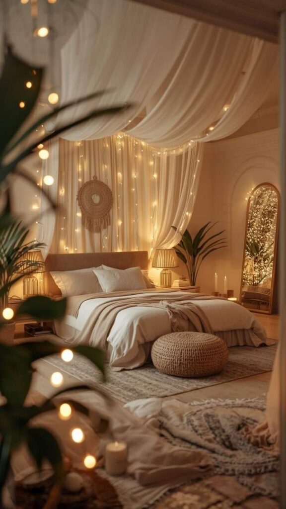 49+ Christmas Bedroom Decor Ideas That Make Your Room Feel Like a Winter Fairytale 2 Fairy Lights Tucked Into a Sheer Canopy Above the Bed