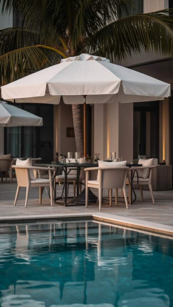 27+ Affordable Pool Furniture Ideas That Actually Look Good 10 Freestanding Umbrella With a Weighted Base in the Center of the Deck