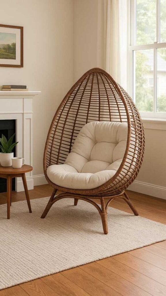 27+ Affordable Pool Furniture Ideas That Actually Look Good 7 Hanging Egg Chair on a Freestanding Stand Near the Pool Edge
