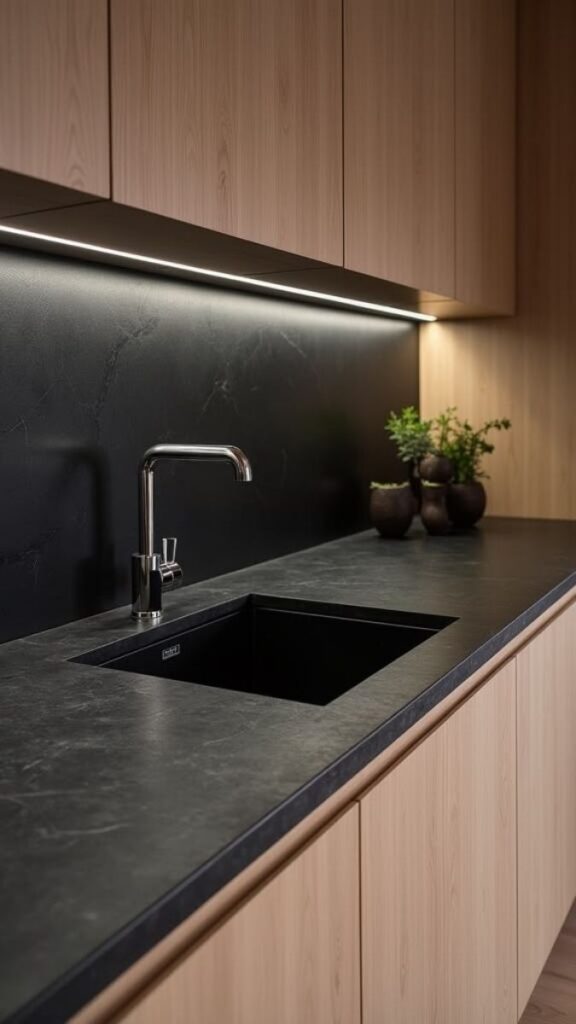Japandi Kitchen Featuring a Deep Single Basin Sink in Fireclay